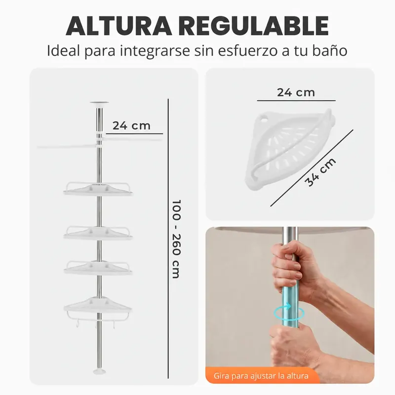 Altura regulable de 100 a 260 cm, estantes de 24 x 24 cm