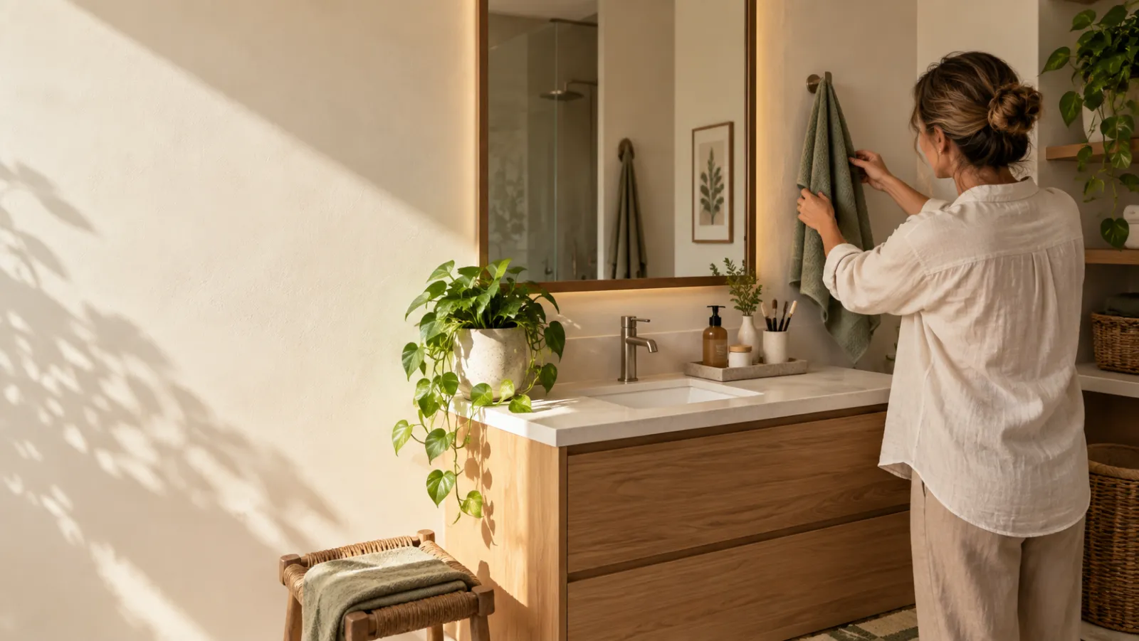 Un baño cálido y organizado, con una mujer acomodando una toalla
