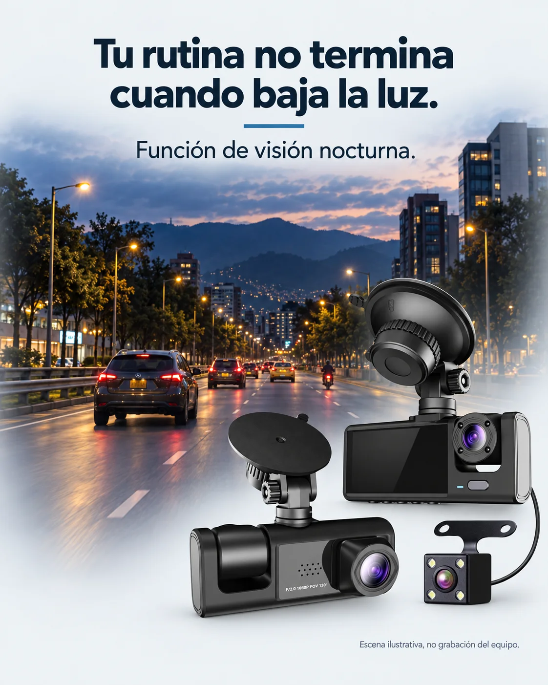 Tu rutina no termina cuando baja la luz. Función de visión nocturna. Escena ilustrativa, no grabación del equipo.