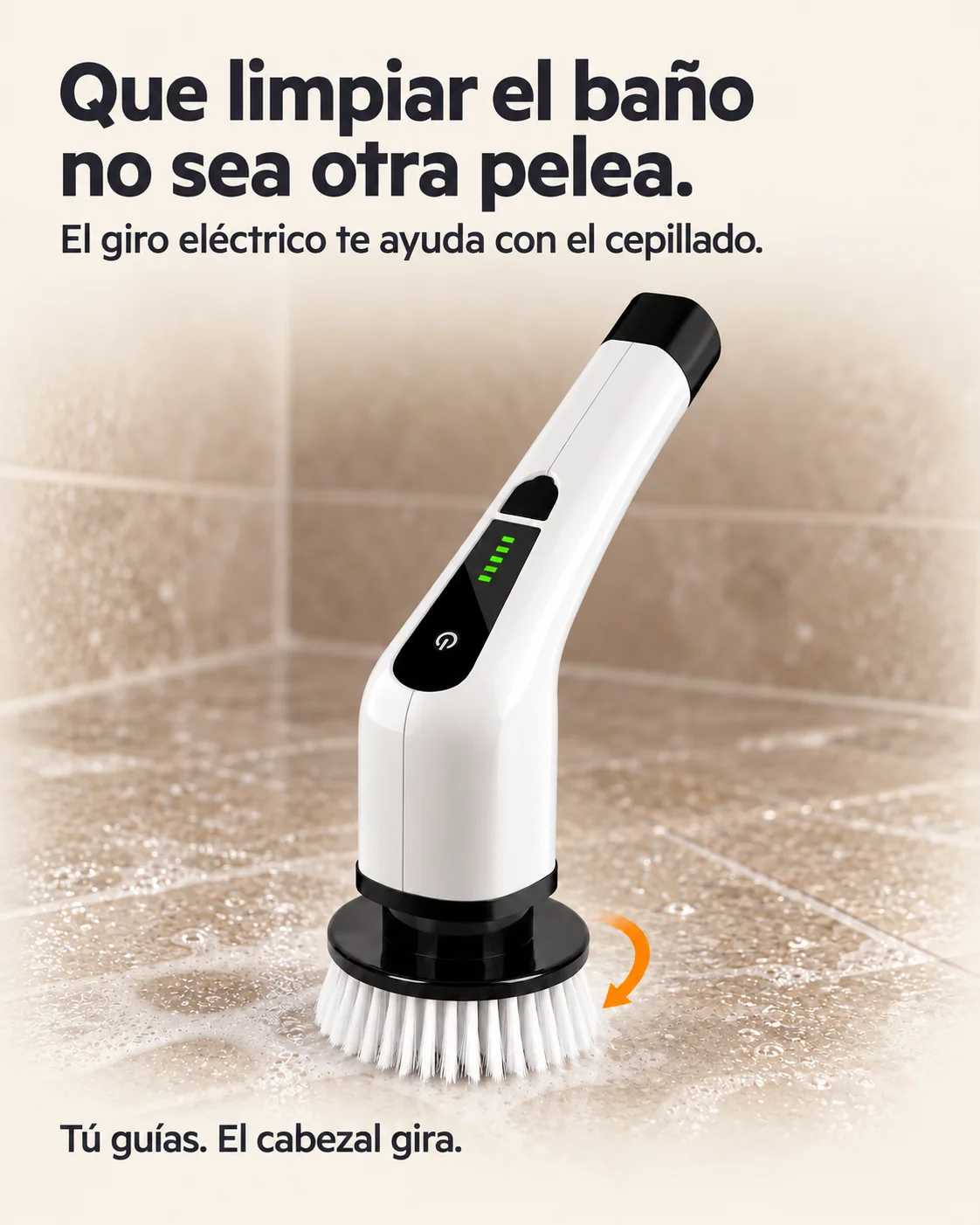Que limpiar el baño no sea otra pelea. El giro eléctrico te ayuda con el cepillado. Tú guías. El cabezal gira.