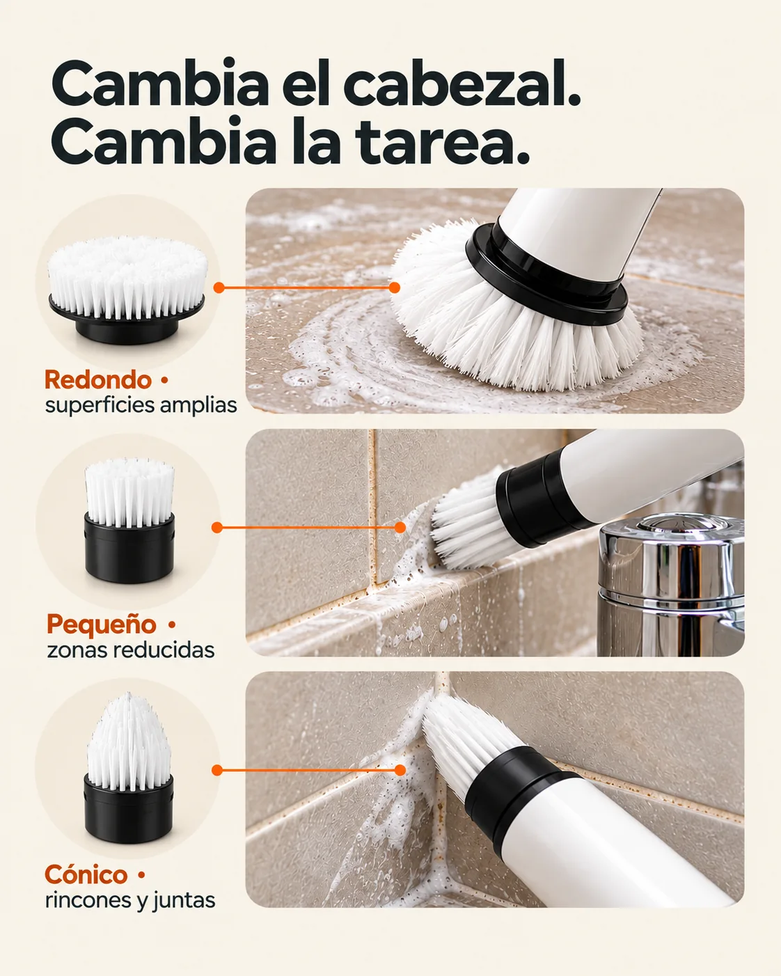 Cambia el cabezal. Cambia la tarea. Redondo · superficies amplias. Pequeño · zonas reducidas. Cónico · rincones y juntas.