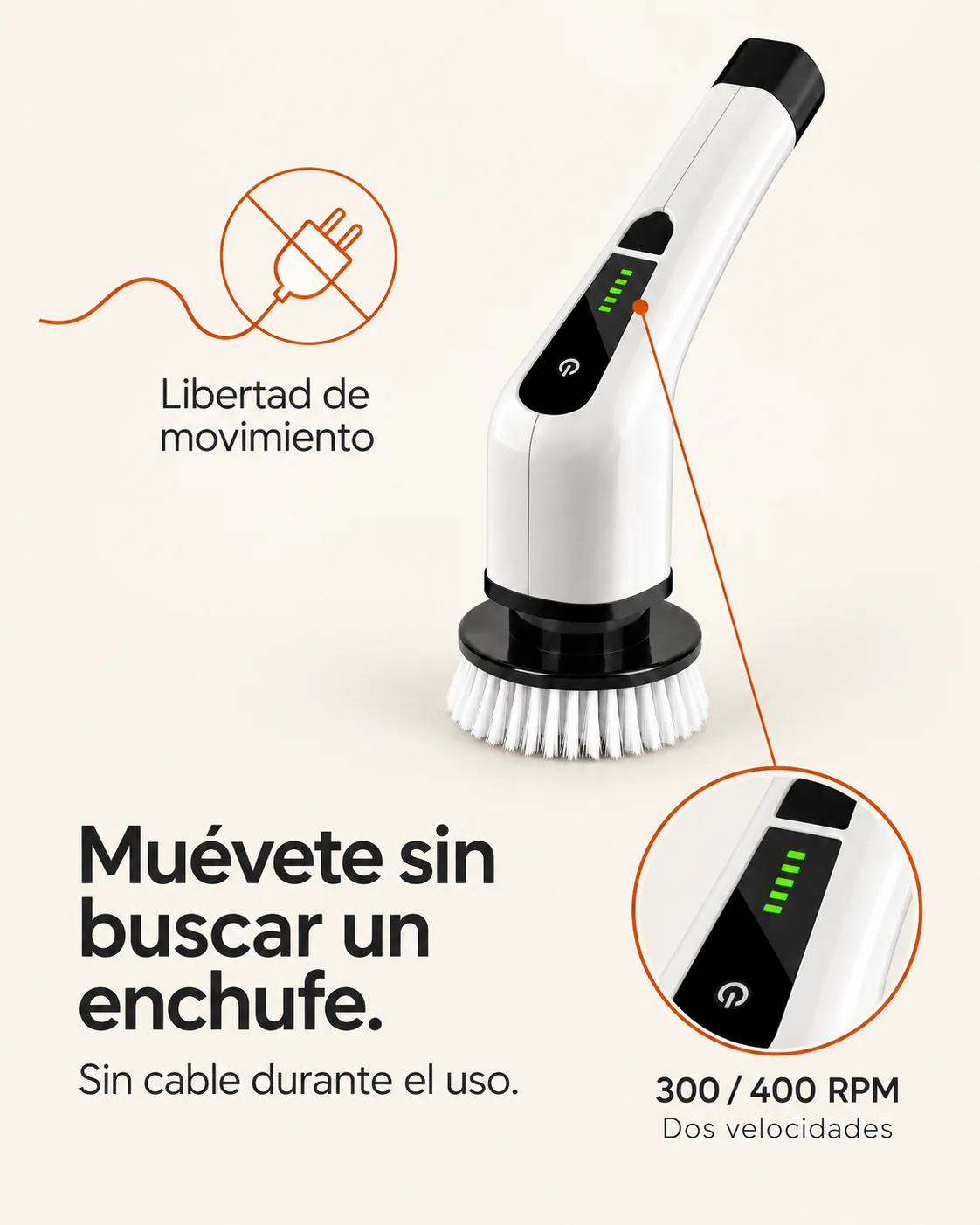 Muévete sin buscar un enchufe. Sin cable durante el uso. 300 / 400 RPM · dos velocidades. Libertad de movimiento.