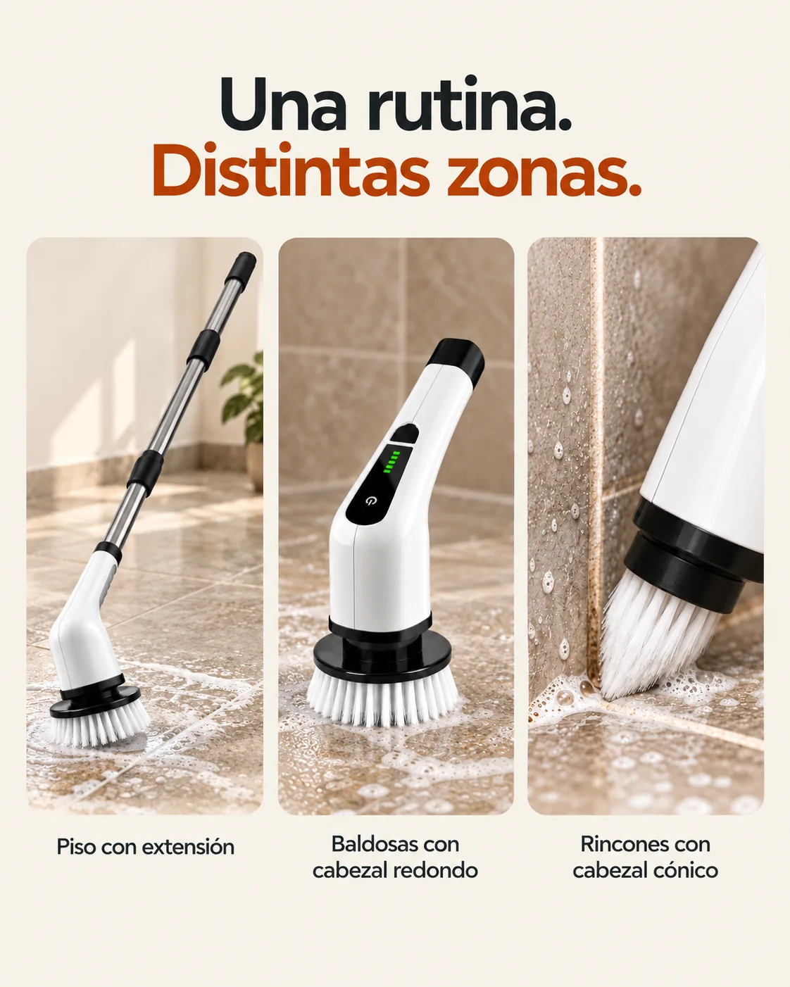Una rutina. Distintas zonas. Piso con extensión. Baldosas con cabezal redondo. Rincones con cabezal cónico.