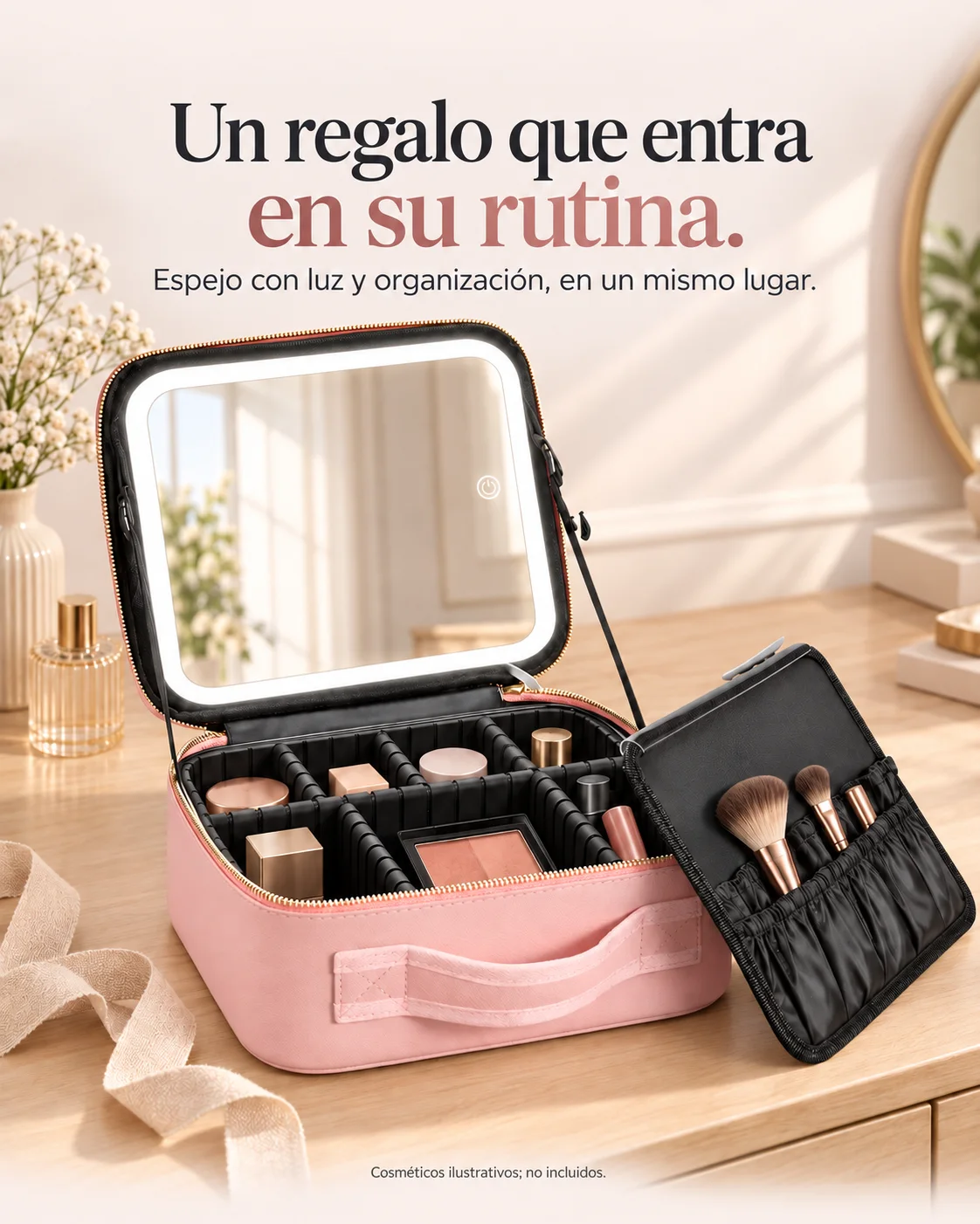 Un regalo que entra en su rutina. Espejo con luz y organización, en un mismo lugar. Cosméticos ilustrativos; no incluidos.