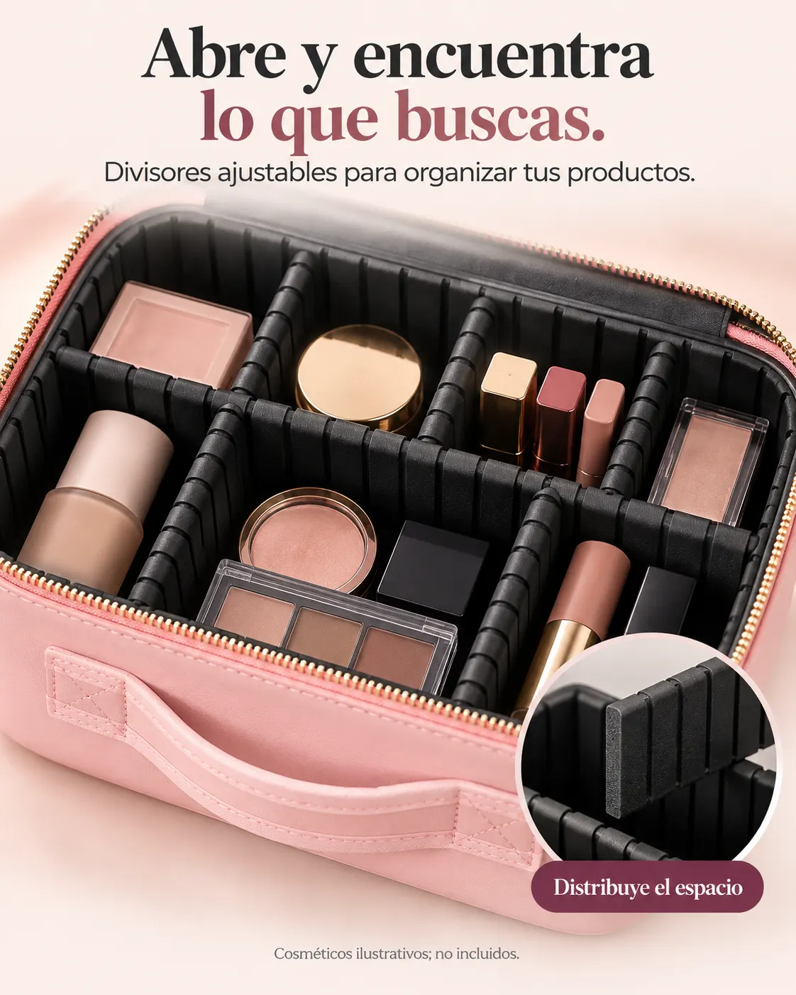 Abre y encuentra lo que buscas. Divisores ajustables para organizar tus productos. Cosméticos ilustrativos; no incluidos.